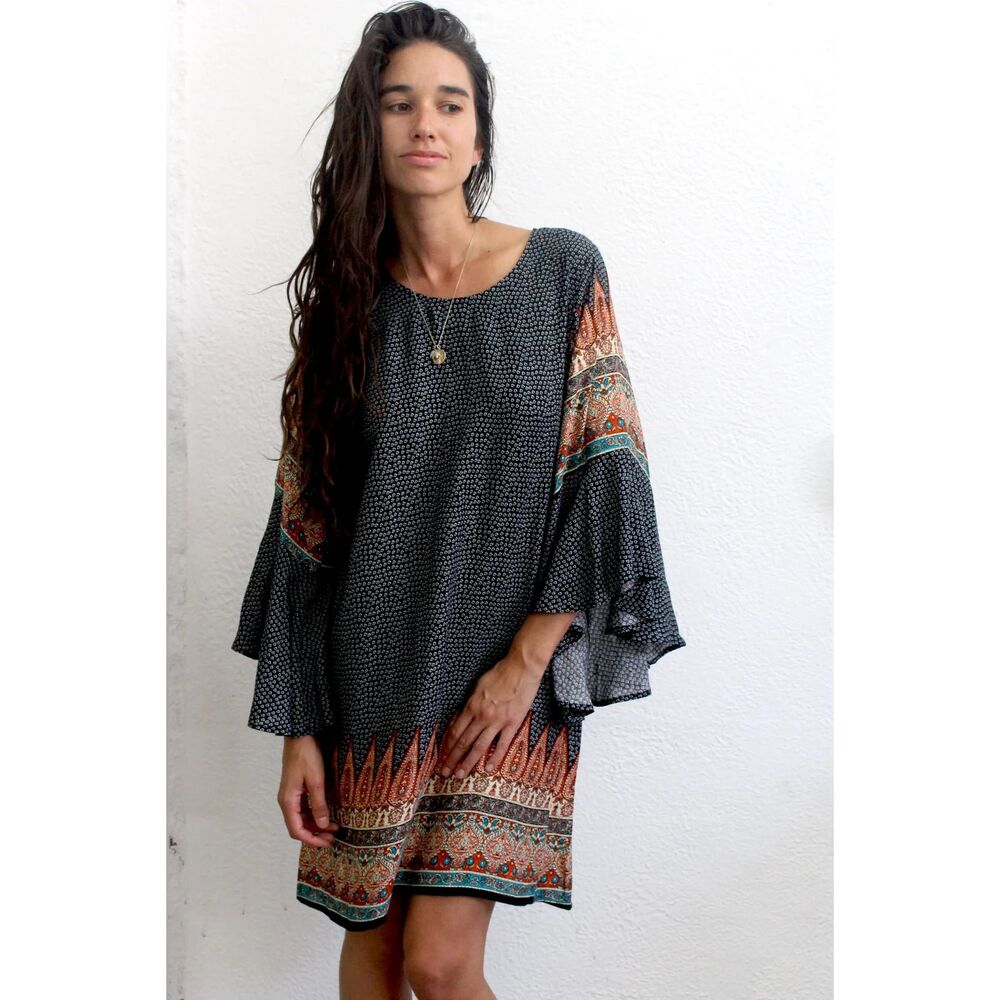 Daughters of Culture Ancient Ruins Tunic Wings of Freedom Mini Dress Bell Sleeve
